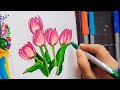 Tulips Flower Painting With Doms Brush Pen || Pink Tulips Painting Step by Step for Beginners 💐
