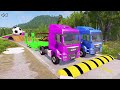Double Flatbed Trailer Truck vs Speedbumps Train vs Cars Beamng.Drive #191  With Reverse